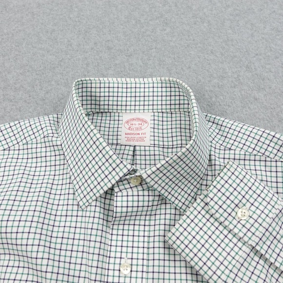 Brooks Brothers Mens 16.5x35 Grenn Check‎ Dress Shirt Button Madison Fit Plaid - Picture 1 of 5